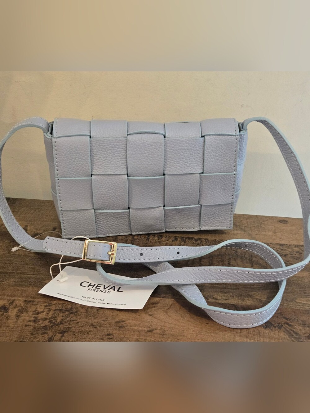 CHEVAL FIRENZE Woven Pebbled Genuine Leather Pale Blue Crossbody Bag